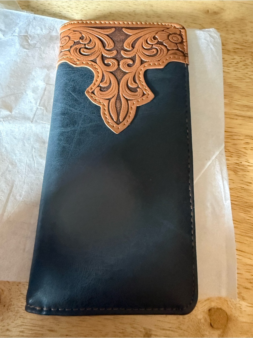 Men's Black Pu Leather Long Wallet with Tan Embossed Accent
